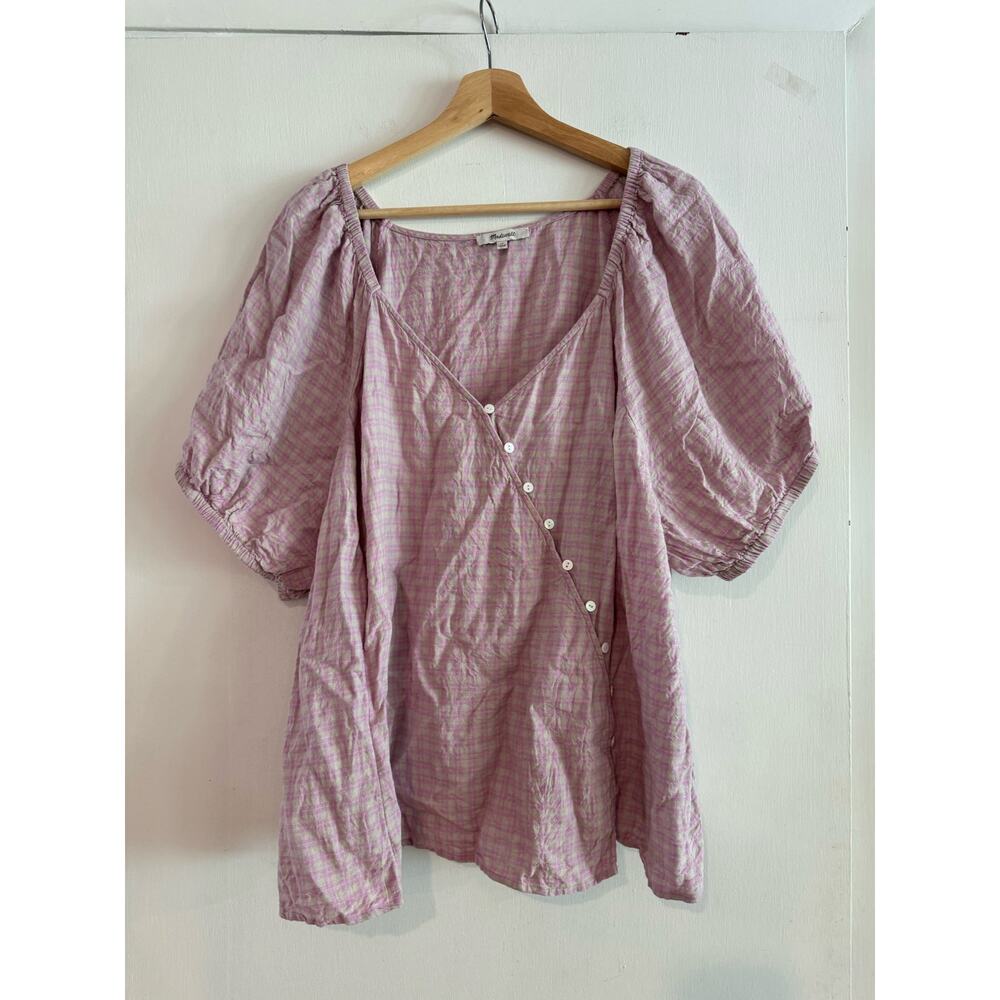 Madewell Dusty Pink Checked Puff-Sleeve Blouse
